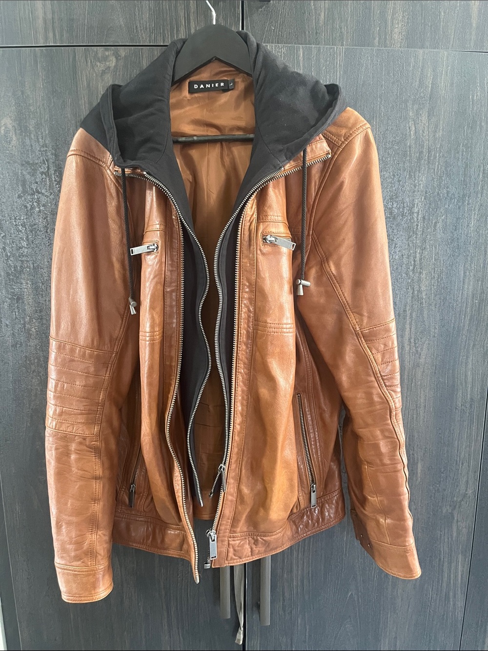 Danier Tan Brown Leather Bomber Jacket with Black Hood